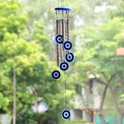 Image of Evil Eye Wind Chimes for Balcony & Positive Energy - 5 Metal Pipes with Nylon Thread & 6 Wooden Evil Eyes with Melody Sound for Relaxation and Calmness