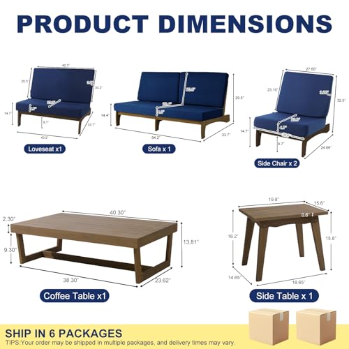 Image of Pia Ricoo 6-Piece Patio Furniture Set, Outdoor Sectional Sofa with Loveseat, 2 Chairs, Coffee Table & Side Table, All-Weather Conversation Set for Backyard /Deck /Lawn - Navy
