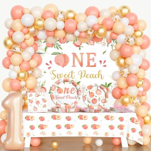 Costova One Sweet Peach Birthday Decorations Peach 1st Birthday Supplies Peach Themed Backdrop Balloon Tablecloth Tableware with Plates Napkins Forks for Girls Fruit Peachy First Birthday