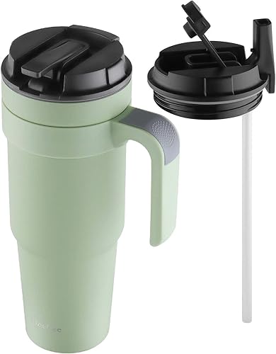 Vaso de 40 onzas con asa, tapa abatible y popote, doble forma de beber, doble pared aislada al vacío, botella de agua a prueba de fugas para viajes