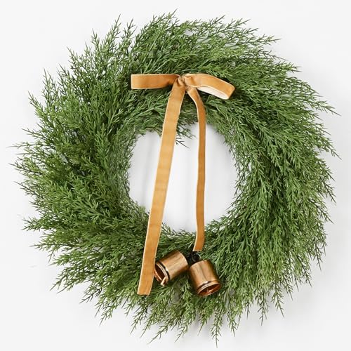 Waipfaru 24 Inch Christmas Wreath, Cedar Wreath Artificial Realistic with Bow and Bell, Large Christmas Pine Wreaths for Front Door, Windows, Outdoor, Indoor, Wall, Christmas Decorations (1Pcs)