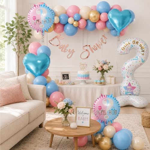 Image of Rozi Decoration Baby Shower Decoration Kit with Balloon, Question Mark Foil Balloon, Heart Foil Balloons, Round Printed and Rose Gold Baby Shower Banner - Pack of 41 Pcs