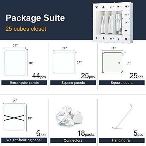 KOUSI Portable Wardrobe Closets 14\"x18\" Depth Cube Storage, Bedroom Armoire, Storage Organizer with Doors, 25 Cube, White