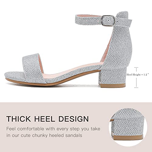 Dufannie Silver Shoes For Girls Open Toe Ankle Strap Chunky Heel Toddler High Heels Flower Girls Shoes For Wedding Birthday Party Low Heel Pump Girls Sandals (3603Glitter Silver 1) #TOP6