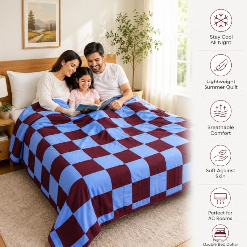 Image of Double Bed Dohar Premium Maroon Grid | Lightweight Summer Quilt | Soft Microfiber AC Blanket | Breathable All Season Comforter | Skin Friendly Bed Cover