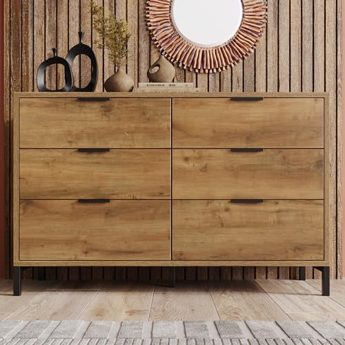 QXJVA Aparador de roble oscuro, 120 cm, 6 cajones, diseño industrial, aparador para dormitorio, lavandería, armario de salón, estructura de metal, rústico, estable, espacio de almacenamiento