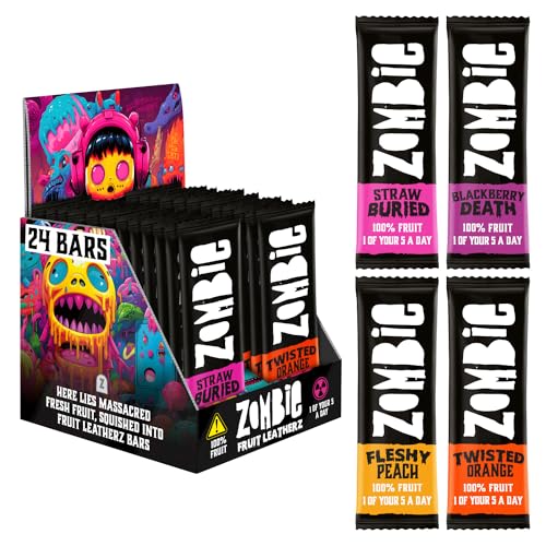Zombie Fruit Bars, Variety Box (24 Bars, 4 Flavours), 100% Dried Fruit, Healthy Snacks for Adults, Kids, Low Calorie, Gluten Free, Vegan, Halal, Bulk, Real Fruit, No Added Sugar, Natural, Roll Ups
