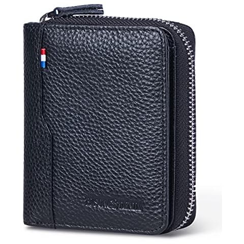 BISON DENIM Leather Credit Card Holder with Front Pocket, Small Card Holder, RFID Blocking Card Holder for Men and Women, black, small Cover