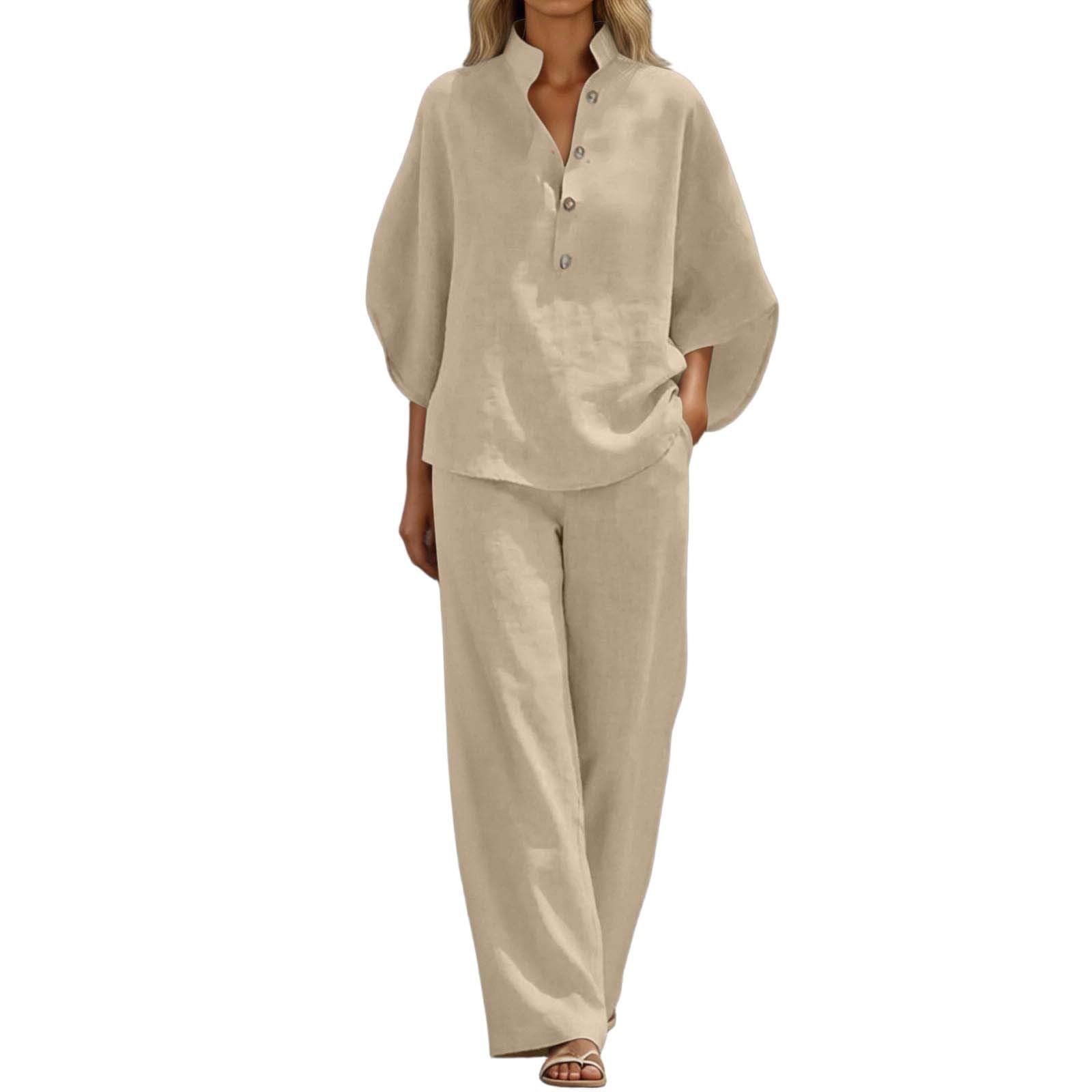 Conjunto Mujer Dos Piezas Verano Elegante Lino Chandal Casual Cómodo Blusa Manga 3/4 y Pantalones Completo Primavera Holgado Talla Grande Conjuntos Deportivos Cuello en V Playa Chándal Vacaciones