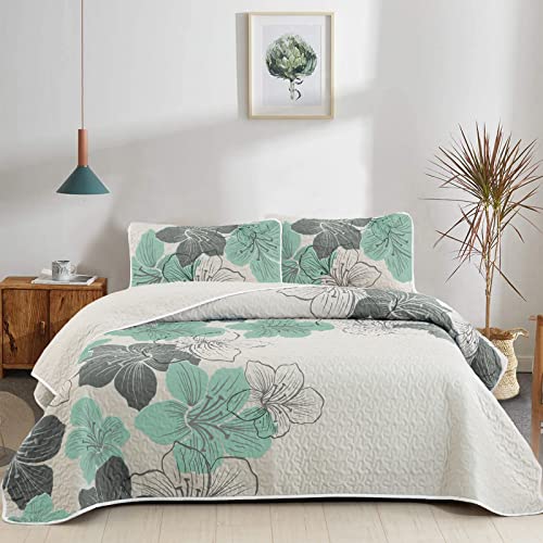 3 Pieces Floral Quilt Set Queen Green Floral Boho Bedding Coverlet Sets With 2 Pillowcases Soft Microfiber Gray Quilted Bedspread For All Season 90"X90" #TOP8