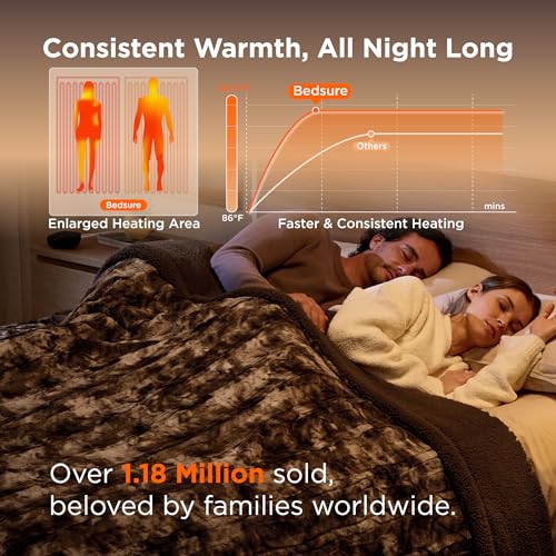 Image of Bedsure Faux Fur Electric Blanket Queen Size, Dual Control Heated Blanket Queen, Fast Heating Blanket with 10 Heating Levels & 10 Time Settings, Cozy Gifts for Women Men (84x90 inches, Brown)