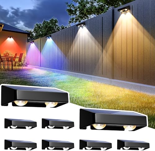 SOLPEX Solar Fence Lights Outdoor, 9 Fixed Colors ＆ Color Changing Fence Solar Lights Outdoor Waterproof IP65, LED Deck Lighting for Backyard Wall Step Patio Railing Pool Porch (8 Pack)