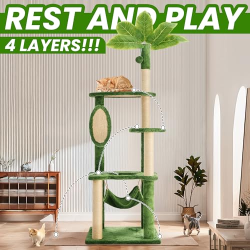 55 Inch Large Cat Tree Tower for Indoor Cats with Hammock Green Leaves Sisal Scratching Post, Plush Hang Ball Play Furniture for Kittens & Adult Cats, Green - Image 2