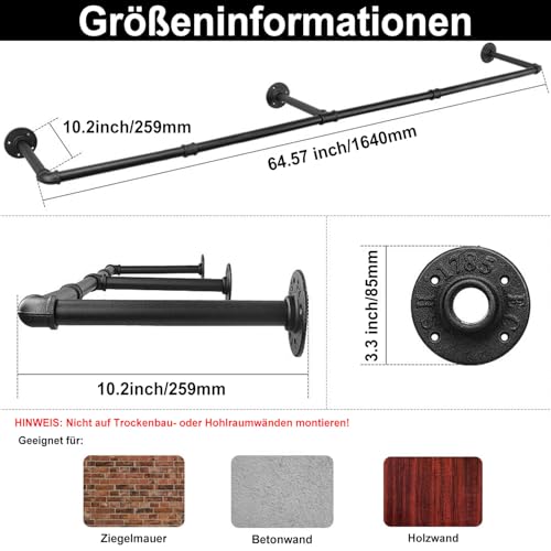 SMILOVII Industrielle Kleiderstange Wandmontage, Kleiderstangen für die Wand, 164cm abnehmbare Garderobenstange Wandmontage Metall zum Aufhängen von Kleidung für Zuhause, Geschäfte und Kleiderschränke