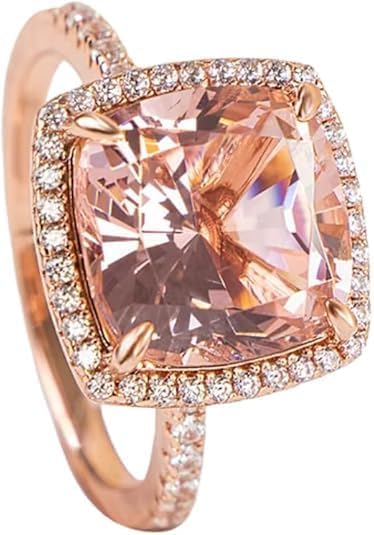 4 Carat Cushion Cut Morganite Ring with Diamond Halo, 14K Rose Gold Finish, 925 Sterling Silver, Wedding Ring for Women