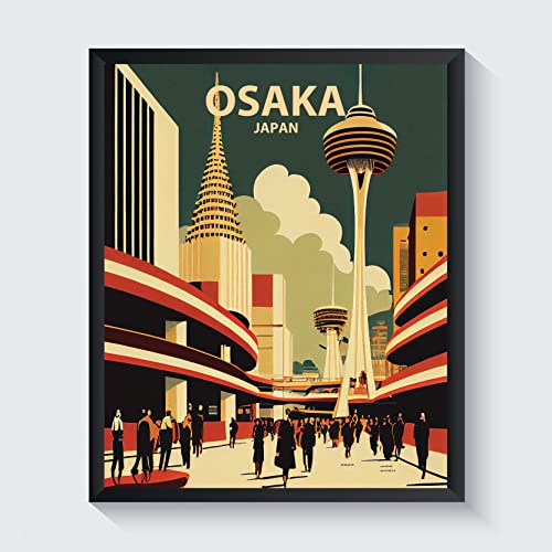 Osaka City Retro Art Print Poster, Japan Wall Art Living Room Poster Wall Decor City Landscape Picture For Bedroom Office Home (Osaka, Japan, 16x20 inches + (Black Frame))