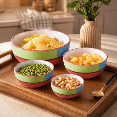 Image of Ceramic Mixing Bowl Set - 4 Pieces (1500ml, 800ml, 600ml, 400ml), Red Multi - Durable, Microwave & Dishwasher Safe - Ideal for Mixing, Serving & Storage