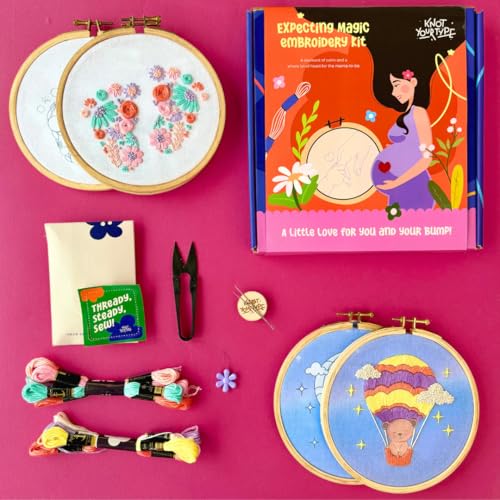 Image of KNOT YOUR TYPE Mom-to-Be DIY Embroidery Kit for Beginners | Hand Embroidery Craft Kit with Complete Stitching Materials | Relaxing Art & Craft Gift Set for Pregnant Women | Pack of 2