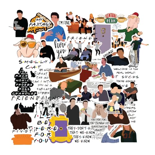 Image of Friends TV Show Stickers Pack - 4 Sheets Premium Laminated Vinyl Stickers, Waterproof, Reusable, No Residue - Laptop, Bottle, Phone & Scrapbook Stickers