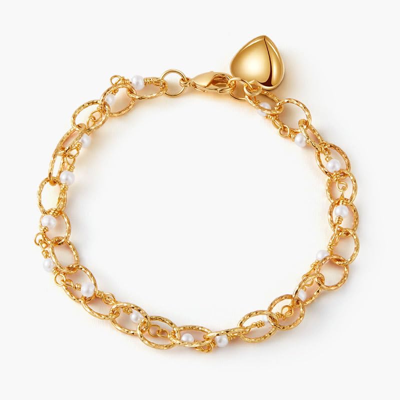 Gold Heart Charm White Beaded Chunky Bangle Bracelets for Women, Statement Trendy Dainty Adjustable Chain Bracelet Fashion Jewelry Gift., Medium, Brass, no gemstone