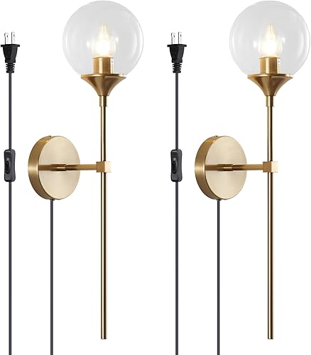 BOKT Juego de 2 apliques de pared modernos de globo largo enchufables de latón dorado de mediados de siglo, juego de dos lámparas de pared de vidrio
