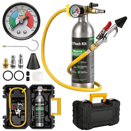 Wayona AC Flush Kit - Air Conditioner System Flush Kit Automotive Pipeline Cleaning Tool Set with Canister 220PSI Gauge Fittings & Hose AC System Flush Tool for R134a R12 R22(Without Flush Solvent)