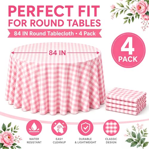 Image of WNINK 4 Pack Pink Gingham Round Tablecloth, 84 Inch Disposable Plastic Table Covers, Pink Checkered Round Table Cover for Birthday Parties, Holiday, Picnic, BBQ, Family Gathering Party Supplies