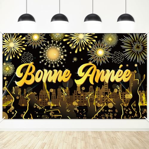 DPKOW Décoration Nouvel An 2026 Bannière, Grande Bannière de Bonne Année en Tissu 2026 Deco Jour de l'An 2026 Nouvel An Bannière Toile de Fond de Noir et Or Nouvel An Extérieur Jardin Deco, 185*110cm