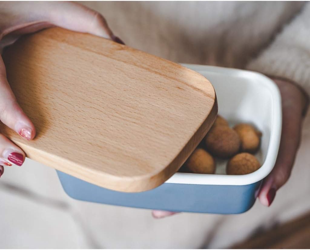 Butter Container Butter Dish, Enamel Butter Container with Wooden Lid, Square Butter Paste Dish Seasoning Dish Kitchen Tableware Supplies for All Types of Butter