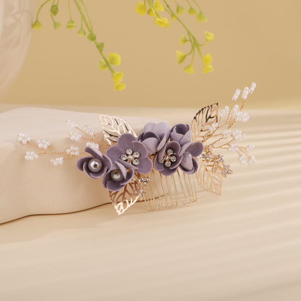Flower Hair Clip for Wedding - Purple Hair Comb for Women - Hair Accessory for Bride - Wedding Party Prom Gift