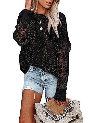 Alvaq Lace Sweaters For Women Knit Lantern Sleeve Pullover Crewneck Jumper Tops Fashion 2023 Black Large #TOP14