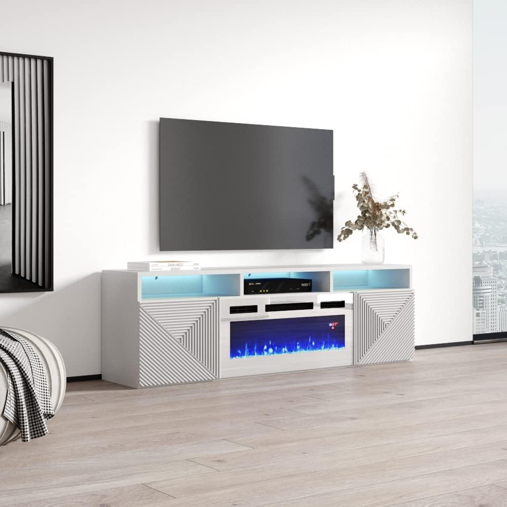 Meble Furniture Giza WH-EF 63'' Floating Electric Fireplace TV Stand — High Gloss Fronts with Matte Body — Fits TVs up to 70" — White, 63" W x 16" D x 22" H