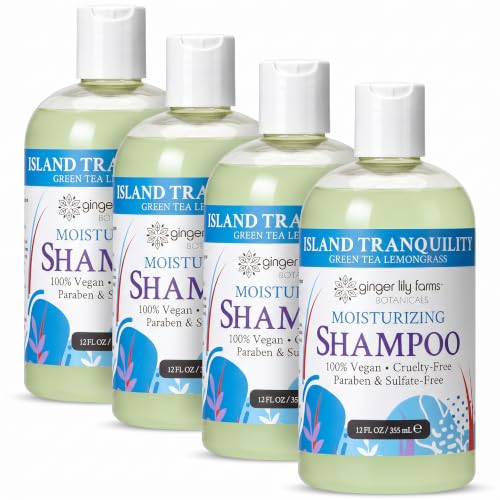 Ginger Lily Farms Botanicals Moisturizing Shampoo for All Hair Types, Island Tranquility, 100% Vegan &amp; Cruelty-Free, Green Tea Lemongrass Scent, 12 Fl Oz (Pack of 4)