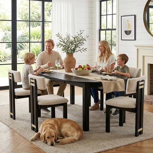 Image of HNY Modern Farmhouse Linen Dining Chairs Set of 2, Beige Fabric Upholstered Dining Room Kitchen Chairs with Black Wood Frame & Curved-Back, Armless Accent Wood Chairs for Dining Living Room