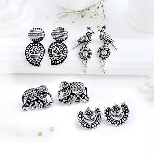 Image of FUBS Oxidized Designer Stud Earrings Set of 12 with Folding Jewelry Box | Traditional & Modern Earring Set for Women & Girls