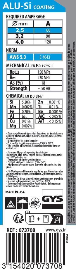 GYS 073708 Aluminium Welding Electrode, E4043, diameter 2.5, 7 Pack, Grey, diameter 2.5x350mm - Image 2
