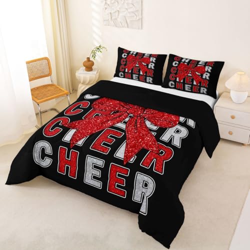 Image of Feelyou Cheer Bow Comforter Set Queen Size Red Glitter Cheerleader Bedding Set for Kids Boys Girls Cheerleading Duvet Quilt Sport Bedroom Decor Microfiber 3 Pcs with 2 Pillow Cases