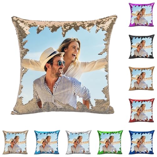 Housse de Coussin Photo Magique à Paillettes,Personnalisation Image, Mots, Animaux, Taie d'oreiller Scintillante DIY,Offrez Un Cadeau Unique,enveloppe...
