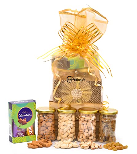 Image of NUTRI MIRACLE Diwali Dry Fruits Chocolate Nuts Gift Pack with Diya | Office Corporate Staff Hamper with Diwali Greeting Card.
