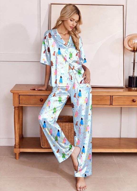 Image of Ekouaer Silk Satin Pajamas Set Women Short Sleeve Pj Sets Button Down Sleepwear 2 Piece Soft Loungewear S-XXL