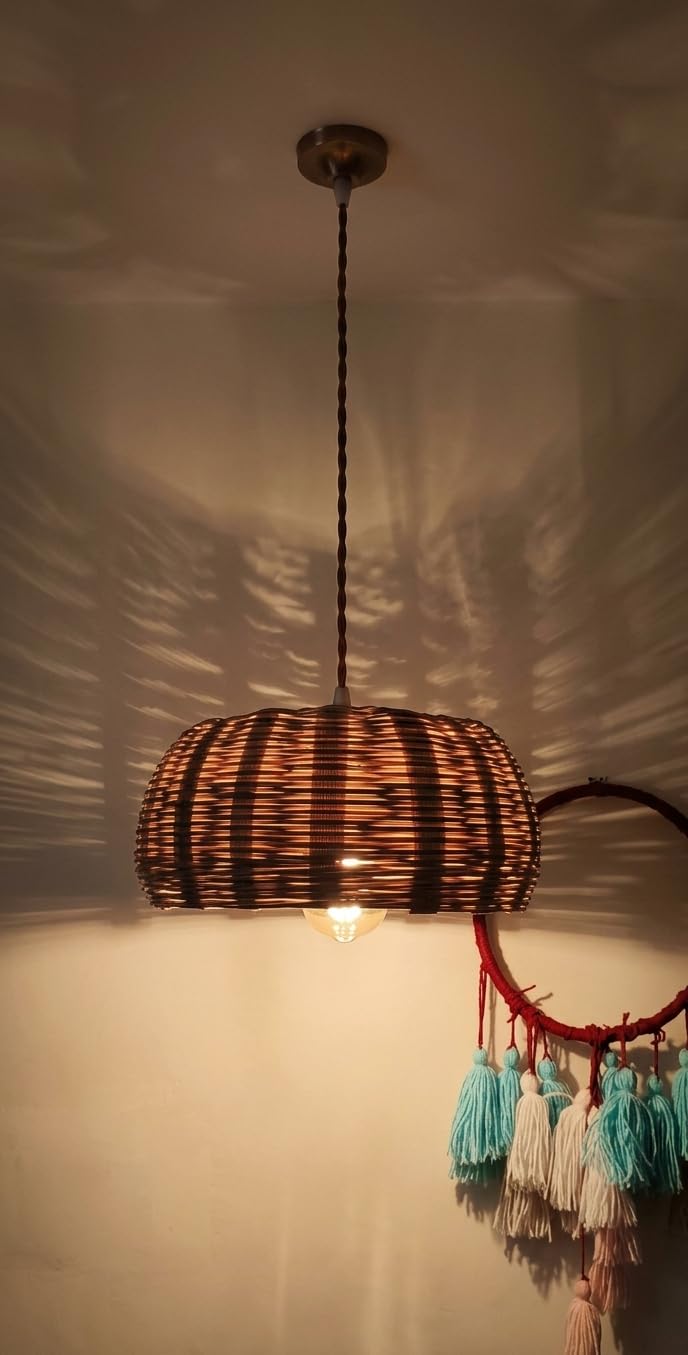 Wicker Rattan Pendant Light, Boho Dome Shape Hanging Ceiling Lamp, Natural Brown-image-15