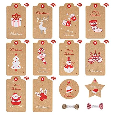 Christmas Gift Tags - 120 Pcs Kraft Paper Gift Labels Card with Cotton String &Twine String, 5 x 9cm Xmas Present Hanging Tags Decoration for Christmas Wrapping DIY Craft Cover