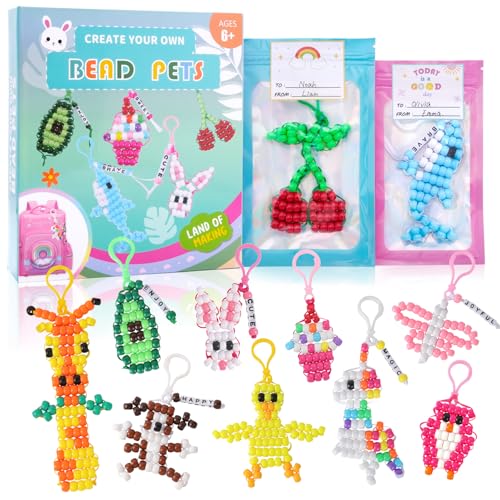 Happy makers Beads for Crafts 12 Designs Pony Beads Keychain Making Kit with Letter Beads Bead Pets Art Crafts Includes Instructions Cording Keychains & Bags Stickers DIY Craft Kits for Beginners