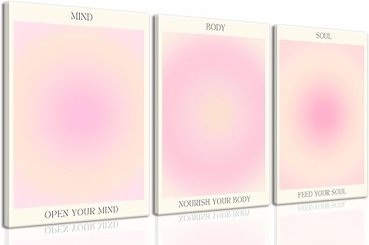 KISSFOX 3 Piece Canvas Wall Art Pink Wall Decor Aura Framed Art Mind Body Soul Pictures Trendy Aesthetic Preppy Paintings For Apartment Dorm Women Girls Bedroom