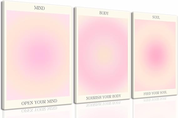 KISSFOX 3 Piece Canvas Wall Art Pink Wall Decor Aura Framed Art Mind Body Soul Pictures Trendy Aesthetic Preppy Paintings For Apartment Dorm Women Girls Bedroom