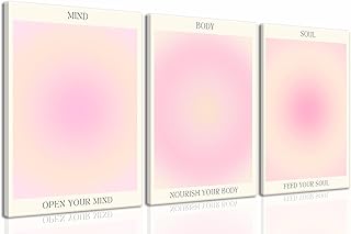 KISSFOX 3 Piece Canvas Wall Art Pink Wall Decor Aura Framed Art Mind Body Soul Pictures Trendy Aesthetic Preppy Paintings For Apartment Dorm Women Girls Bedroom