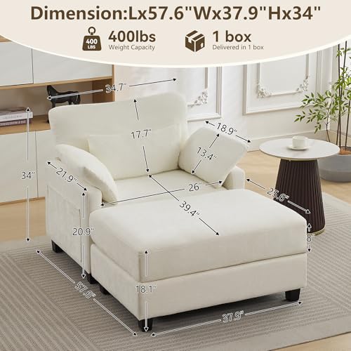 Image of WUTUTUEE 57.5 inch Oversized Chaise Lounge with Ottoman Indoor, White Reading Chair with Ottoman & Sofa Bed, Chenille Upholstered Comfy Sleeper Chair for Living Room, Bedroom, Office