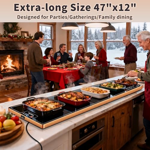 Image of Warming Mat for Food (Extra Long 47 inchx12 inch), Warming Trays for Buffets Party & Daily Use, Temperature Control Food Warmer, Full Surface Warm Tempered Glass Food Warming Mat, Black Electric Warming Tray