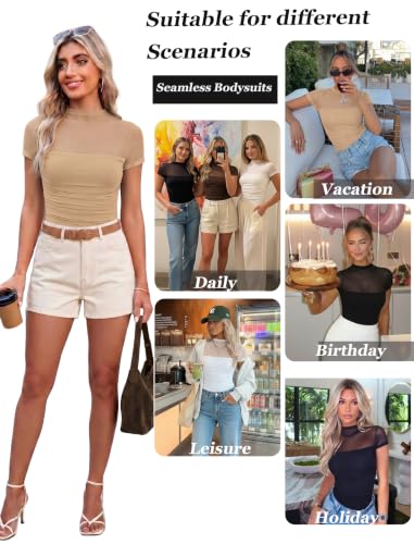 Image of Avidlove Women's Short Sleeve Bodysuit Turtle Neck Body Suits Mesh One Piece Leotard Going Out Tops Date Outfits
