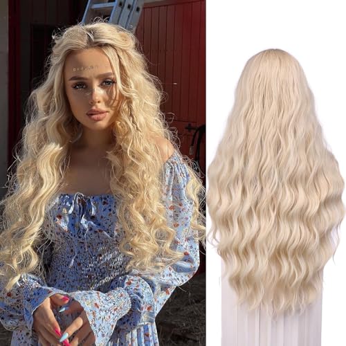 WIGER 28 Inches Platinum Blonde Wigs Long Blonde Curly Wigs for White Women Long Wavy Wigs Middle Part Synthetic Wigs for Halloween Cosplay Daily Part